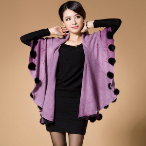 Lady Fashion Acrylic Knitted Rabbit Fur Ball Winter Shawl (YKY4482)